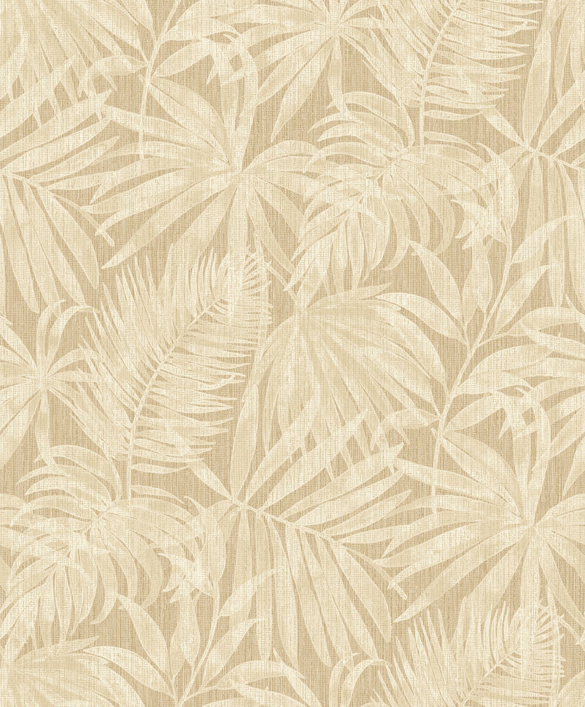 The Chesapeake Sonny Fronds Wallpaper by York Wallcoverings features a beige-toned, monochromatic design with overlapping palm and fern leaves in soft, tropical hues for a subtly textured effect.