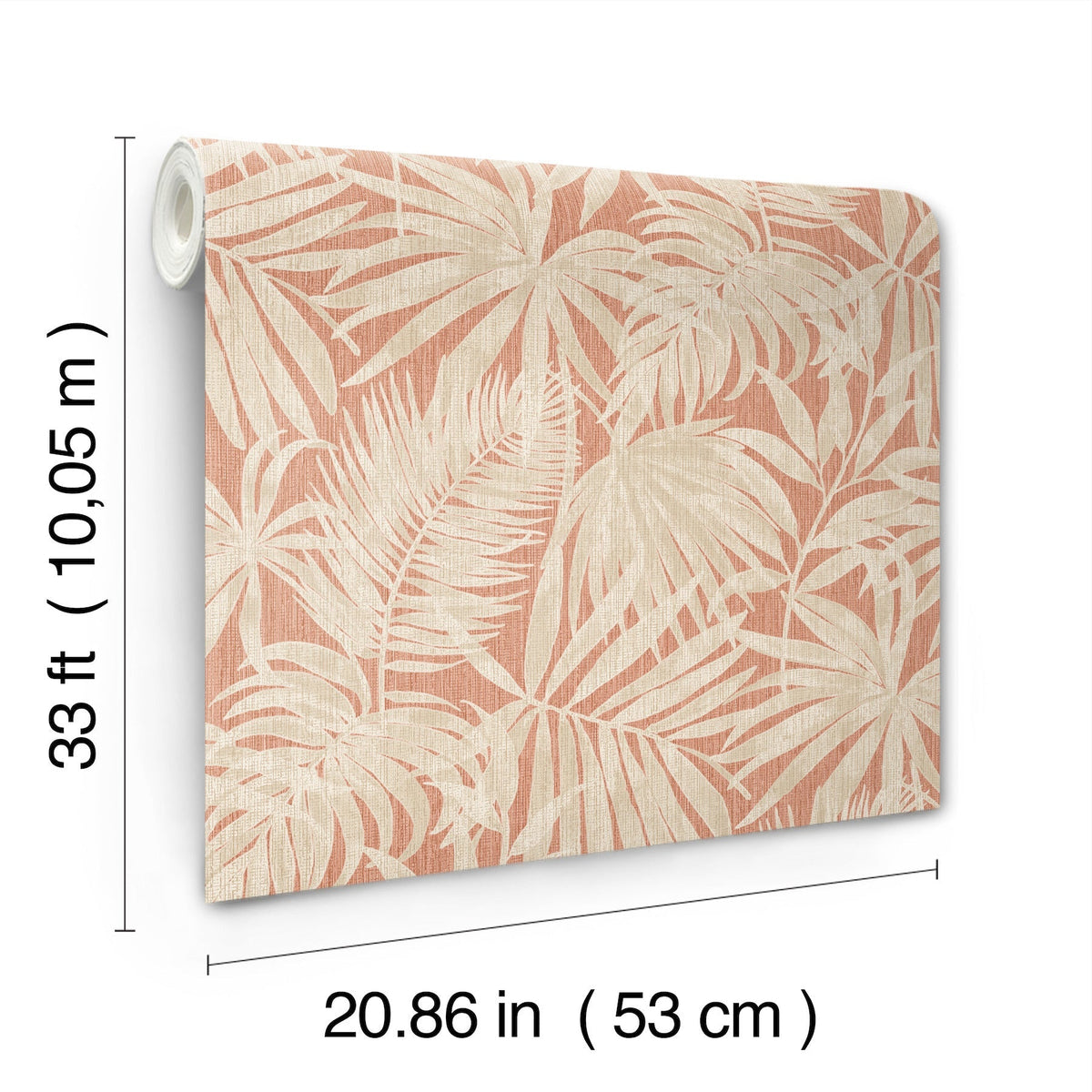 A roll of Chesapeake Sonny Fronds Wallpaper by York Wallcoverings, featuring a tropical leaf pattern in beige and light pink tones, measuring 33 ft (10.05 m) long and 20.86 in (53 cm) wide.