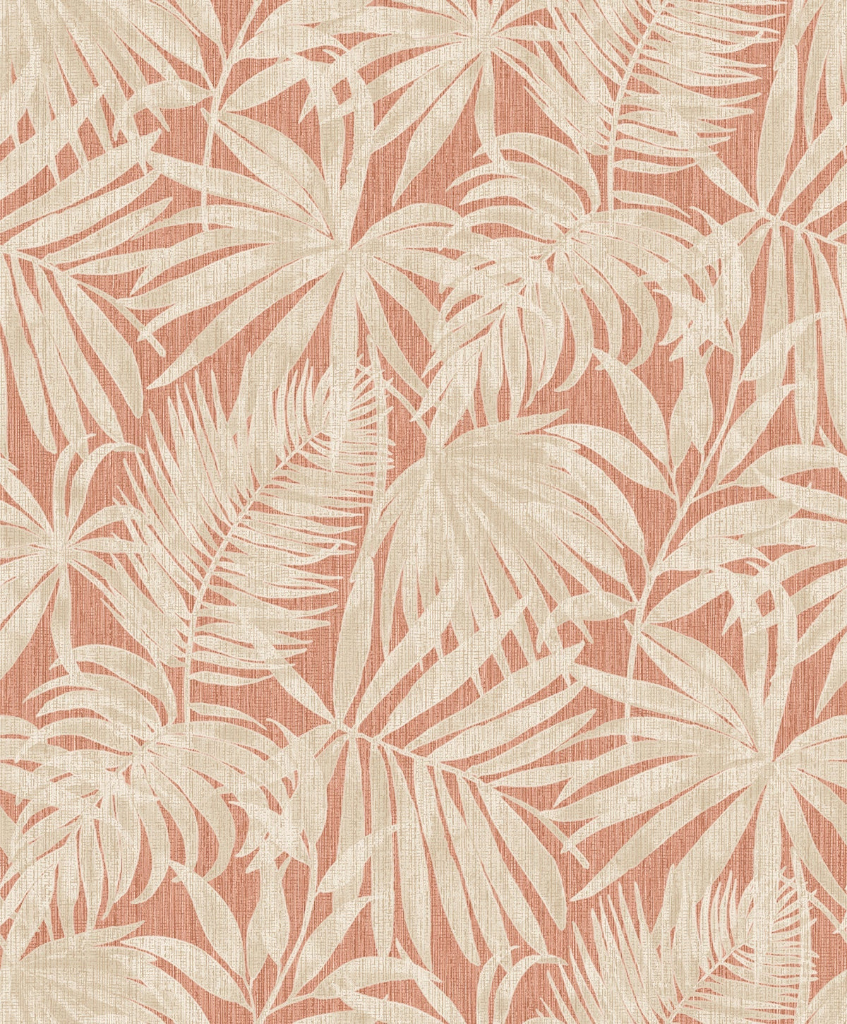 The Chesapeake Sonny Fronds Wallpaper by York Wallcoverings features cream-colored tropical leaves and palm fronds set against a textured, muted coral background for a vintage botanical look.