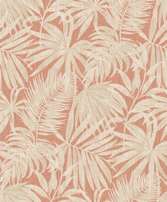Adorn your walls with the Chesapeake Sonny Fronds Wallpaper by York Wallcoverings, featuring a dense pattern of beige tropical palm and monstera leaves layered on a textured, muted coral background for a seamless botanical wallpaper look.