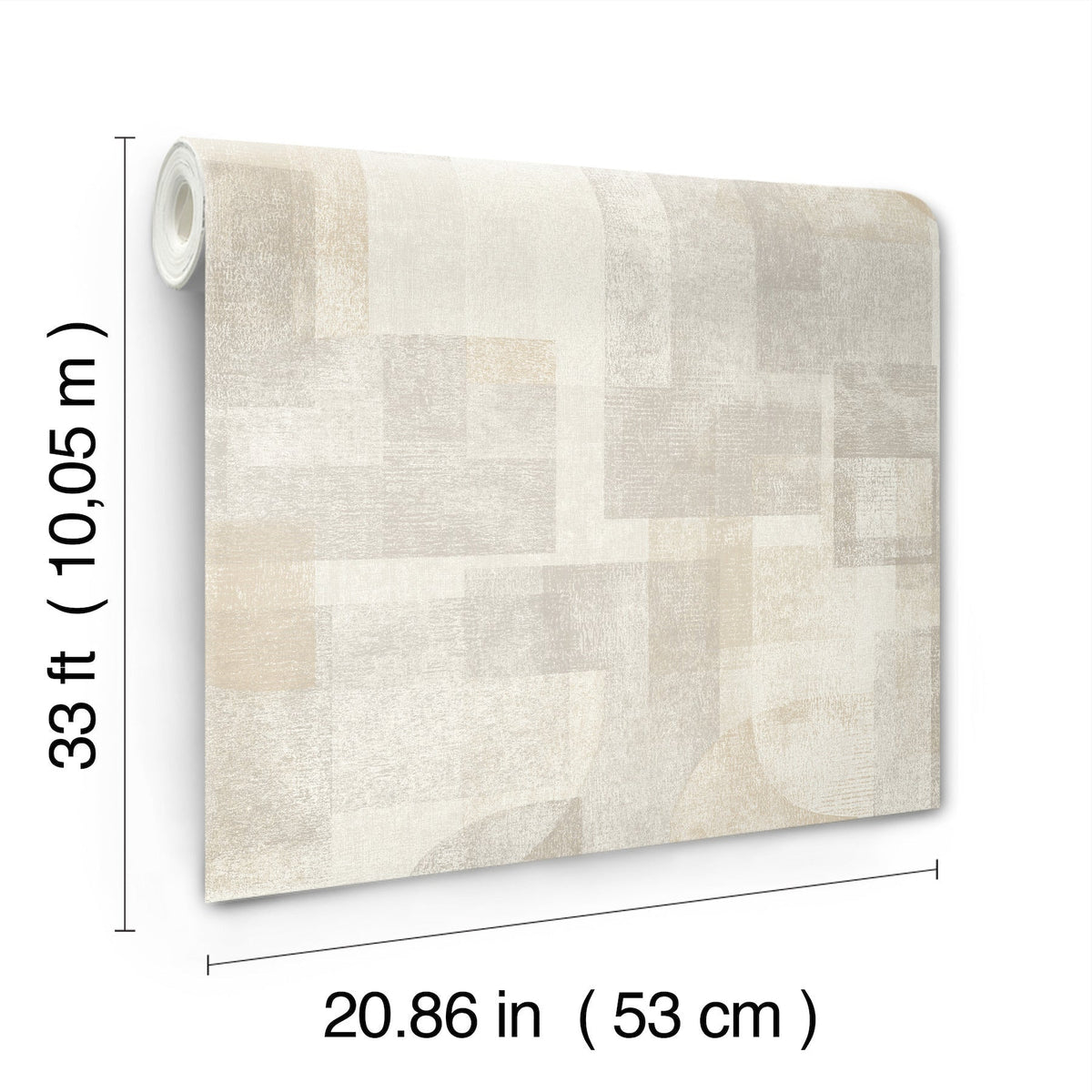 A roll of York Wallcoverings’ Chesapeake Cassandra Block Geometric Wallpaper features a beige geometric pattern and measures 33 ft (10.05 m) in length by 20.86 in (53 cm) in width.