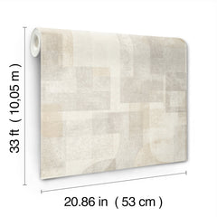 A roll of York Wallcoverings’ Chesapeake Cassandra Block Geometric Wallpaper features a beige geometric pattern and measures 33 ft (10.05 m) in length by 20.86 in (53 cm) in width.