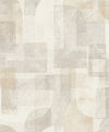Chesapeake Cassandra Block Geometric Wallpaper by York Wallcoverings features an abstract geometric pattern with overlapping rectangles, squares, and arches in muted beige, gray, and cream tones. The design’s texture appears soft and slightly distressed.