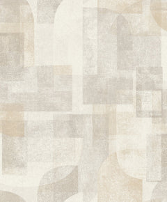 Chesapeake Cassandra Block Geometric Wallpaper by York Wallcoverings features an abstract geometric pattern with overlapping rectangles, squares, and arches in muted beige, gray, and cream tones. The design’s texture appears soft and slightly distressed.