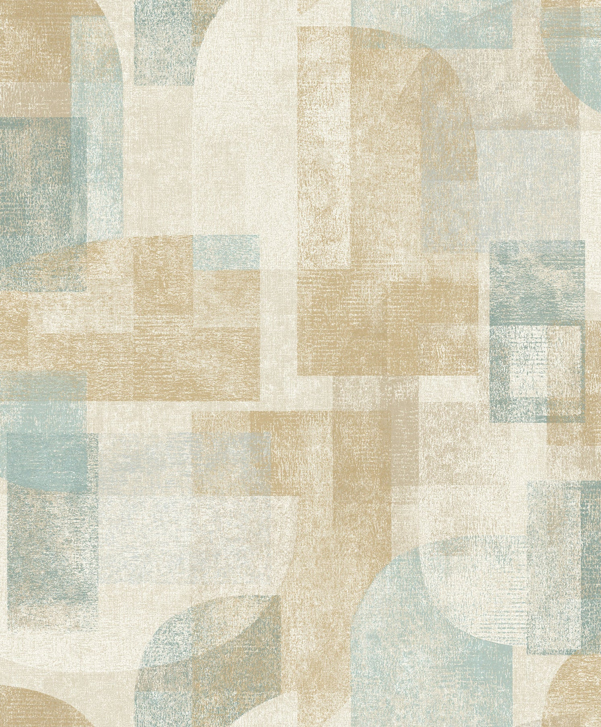 Introducing the Chesapeake Cassandra Block Geometric Wallpaper by York Wallcoverings—a modern design featuring abstract overlapping rectangles and curves in muted beige, blue, and cream hues. Its textured finish creates a soft, painted look for a calm and contemporary ambiance.