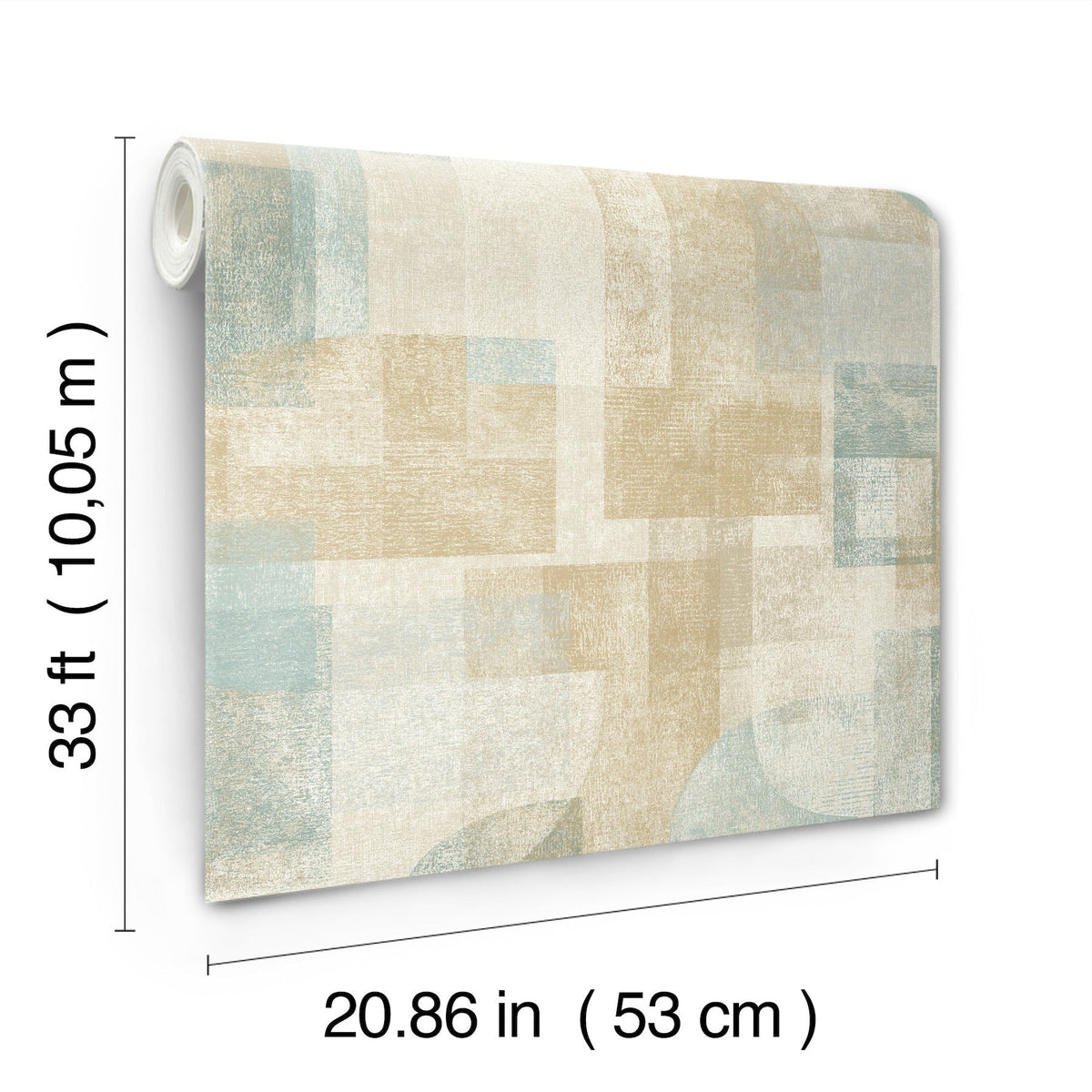 The Chesapeake Cassandra Block Geometric Wallpaper by York Wallcoverings features beige, blue, and cream geometric patterns and comes in a roll measuring 33 ft (10.05 m) long by 20.86 in (53 cm) wide.