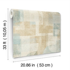 The Chesapeake Cassandra Block Geometric Wallpaper by York Wallcoverings features beige, blue, and cream geometric patterns and comes in a roll measuring 33 ft (10.05 m) long by 20.86 in (53 cm) wide.