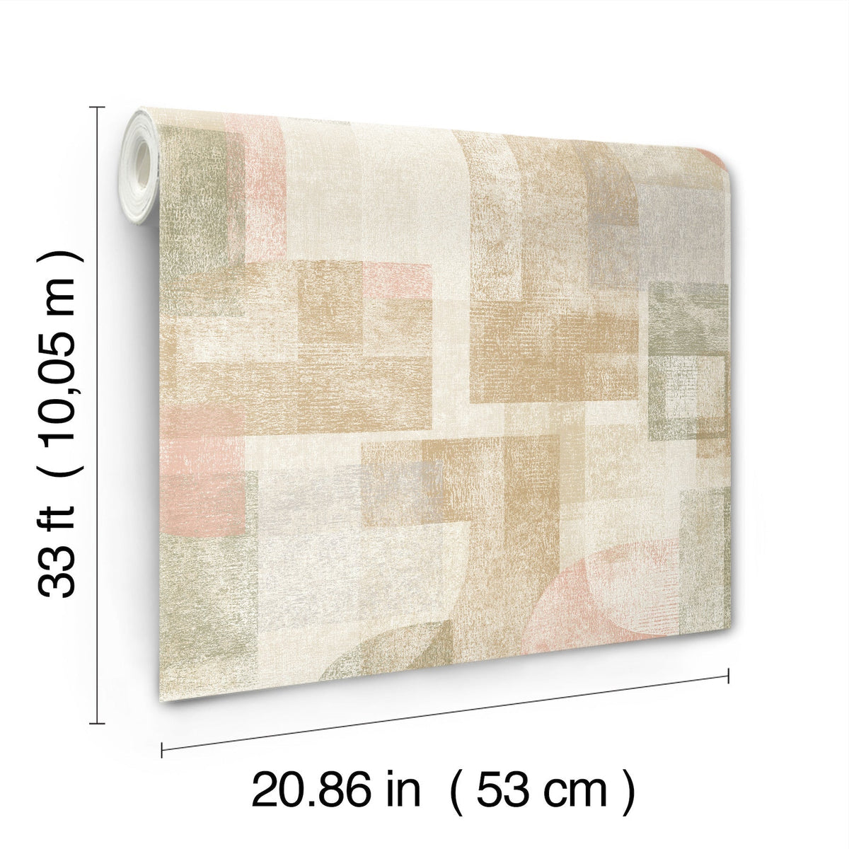 The Chesapeake Cassandra Block Geometric Wallpaper by York Wallcoverings features an abstract geometric pattern in muted tones and comes in a roll measuring 33 ft (10.05 m) long by 20.86 in (53 cm) wide, with dimensions provided in both inches/centimeters and feet/meters.