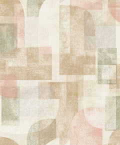 Transform your space with the Chesapeake Cassandra Block Geometric Wallpaper by York Wallcoverings. This design showcases overlapping rectangles, squares, and curved forms in muted beige, green, pink, and gray tones. Its textured pattern lends a soft, vintage appeal to any room.