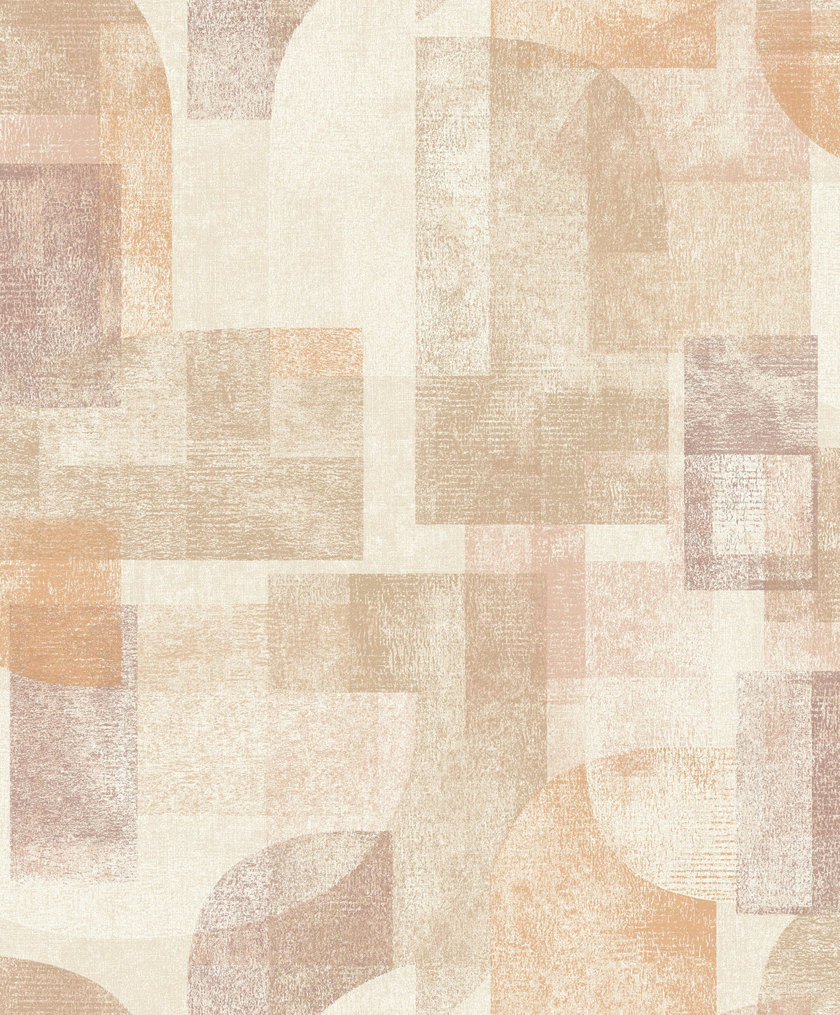 Add a product-focused rewrite as requested: The Chesapeake Cassandra Block Geometric Wallpaper by York Wallcoverings features an abstract geometric pattern with overlapping rectangles, arches, and shapes in muted beige, peach, tan, and soft brown tones, creating a textured and layered effect on a light background.