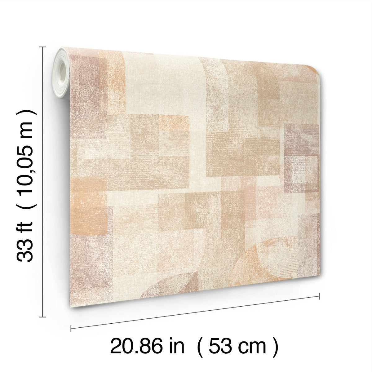 The Chesapeake Cassandra Block Geometric Wallpaper by York Wallcoverings features abstract geometric beige and peach patterns and comes in a roll measuring 33 feet (10.05 meters) long and 20.86 inches (53 centimeters) wide.
