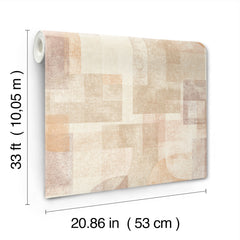 The Chesapeake Cassandra Block Geometric Wallpaper by York Wallcoverings features an abstract pattern in beige and peach tones and comes in a roll measuring 33 ft (10.05 m) long and 20.86 in (53 cm) wide.