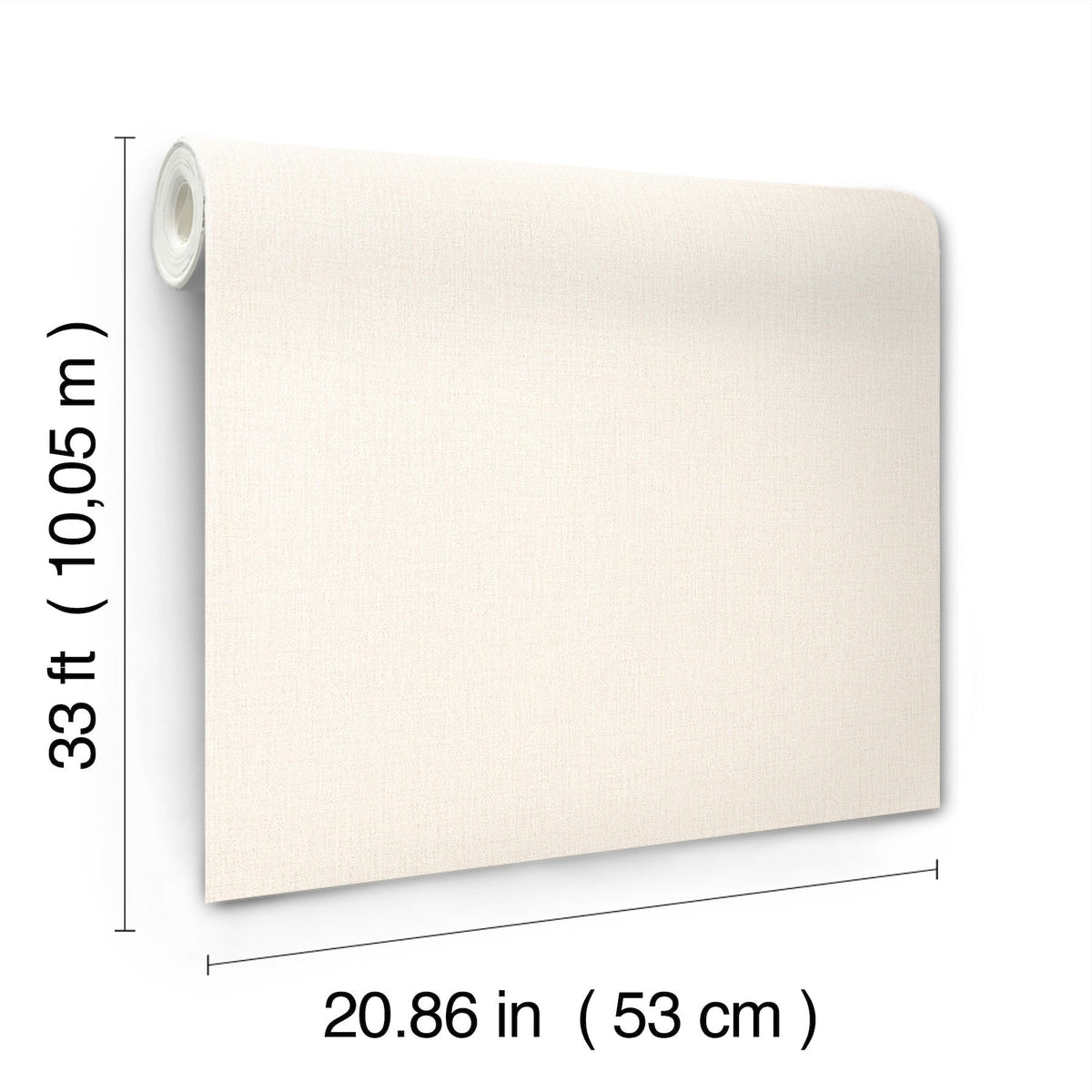 The Chesapeake Sonia Faux Linen Wallpaper by York Wallcoverings is shown unrolled against a white background, displaying its light beige color. The roll measures 33 feet (10.05 m) in length and 20.86 inches (53 cm) in width.