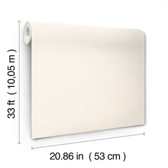 The Chesapeake Sonia Faux Linen Wallpaper by York Wallcoverings is shown unrolled against a white background, displaying its light beige color. The roll measures 33 feet (10.05 m) in length and 20.86 inches (53 cm) in width.