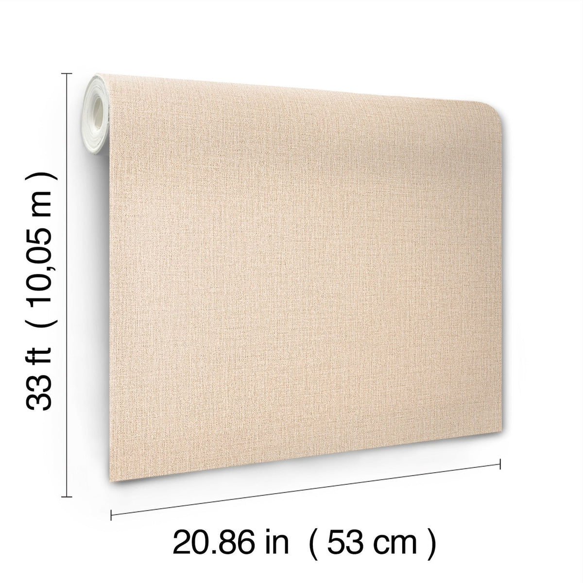 The Chesapeake Sonia Faux Linen Wallpaper by York Wallcoverings is displayed partially unrolled, revealing its textured beige surface. The dimensions are noted as 33 ft (10.05 m) in length and 20.86 in (53 cm) in width.
