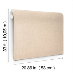 The Chesapeake Sonia Faux Linen Wallpaper by York Wallcoverings is shown partially unrolled. Its dimensions are labeled: 33 ft (10.05 m) in length and 20.86 in (53 cm) in width.