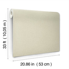 The Chesapeake Sonia Faux Linen Wallpaper by York Wallcoverings, featuring a beige textured design, is displayed against a white background. The roll measures 33 feet (10.05 meters) in length and 20.86 inches (53 centimeters) in width.