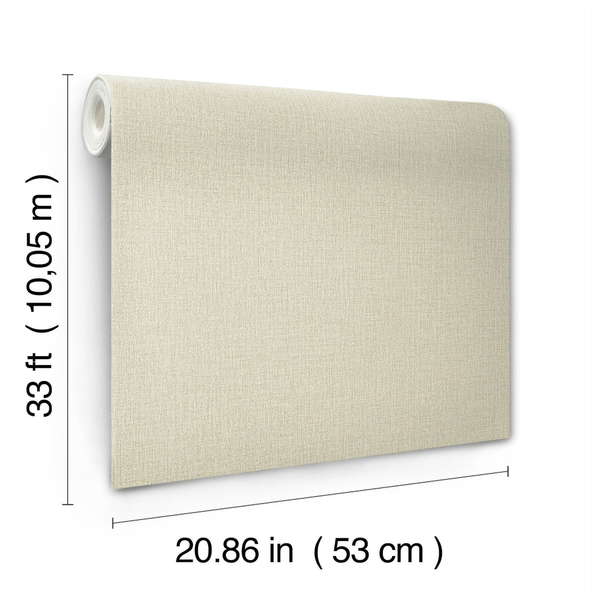 The Chesapeake Sonia Faux Linen Wallpaper by York Wallcoverings is displayed vertically, with dimensions labeled as 33 ft (10.05 m) in length and 20.86 in (53 cm) in width.