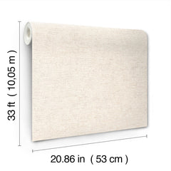 A roll of Chesapeake Tansy Distressed Wallpaper by York Wallcoverings in light beige with a textured finish, measuring 33 feet (10.05 meters) long and 20.86 inches (53 centimeters) wide.