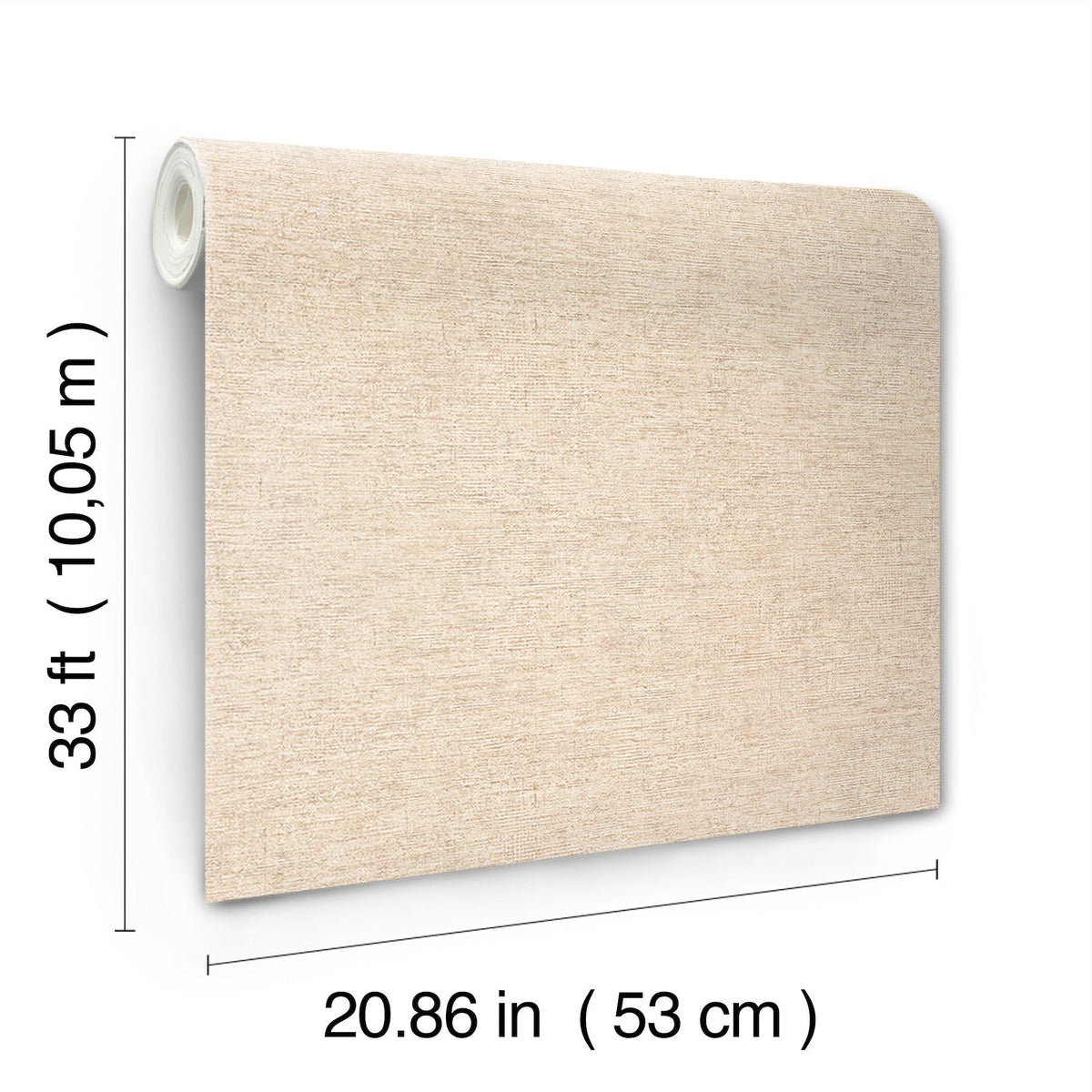 The Chesapeake Tansy Distressed Wallpaper by York Wallcoverings is shown in beige, with dimensions labeled as 33 feet (10.05 meters) long and 20.86 inches (53 centimeters) wide.