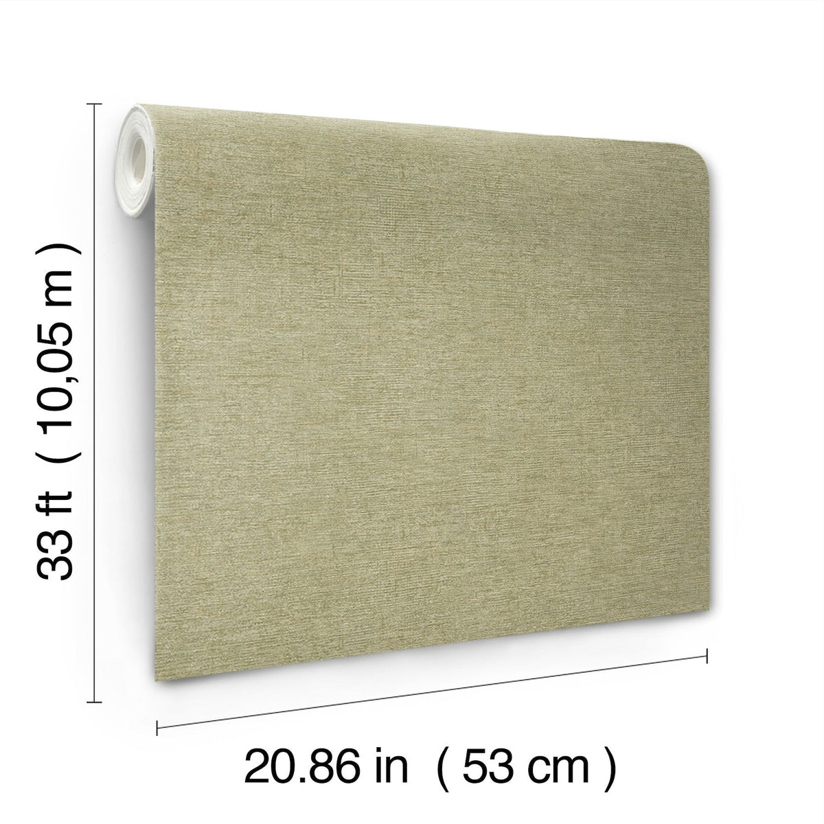 A roll of Chesapeake Tansy Distressed Wallpaper by York Wallcoverings in beige stands upright, measuring 33 ft (10.05 m) in length and 20.86 in (53 cm) in width.