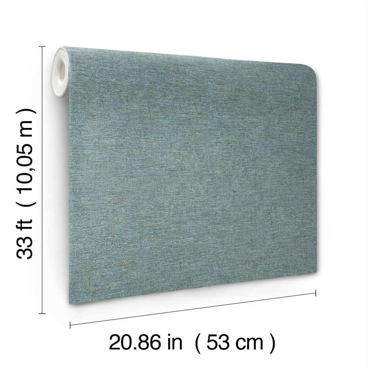 The Chesapeake Tansy Distressed Wallpaper by York Wallcoverings, featuring a blue textured design, is shown against a white background. The roll measures 33 feet (10.05 meters) in length and 20.86 inches (53 centimeters) in width.