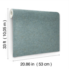 The Chesapeake Tansy Distressed Wallpaper by York Wallcoverings is displayed as a roll of textured blue wallpaper, measuring 33 feet (10.05 m) in length and 20.86 inches (53 cm) in width, with dimensions provided in both imperial and metric units.