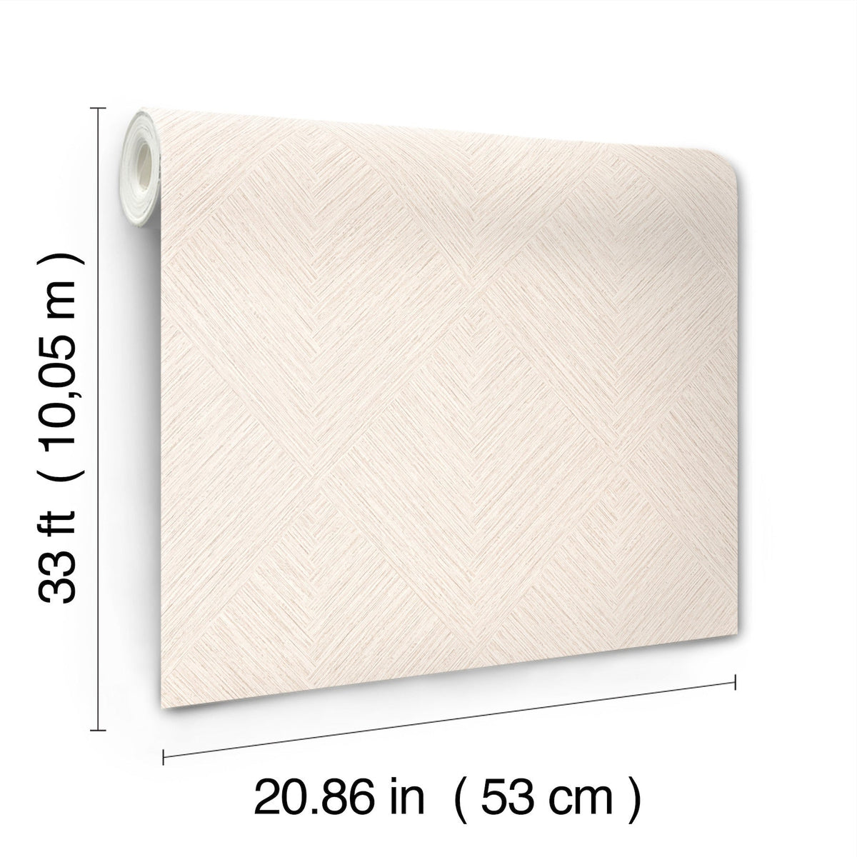 The Chesapeake Hollis Textured Diamond Wallpaper by York Wallcoverings features a light-colored design with a subtle diamond texture. Each roll measures 33 ft (10.05 m) in length and 20.86 in (53 cm) in width.