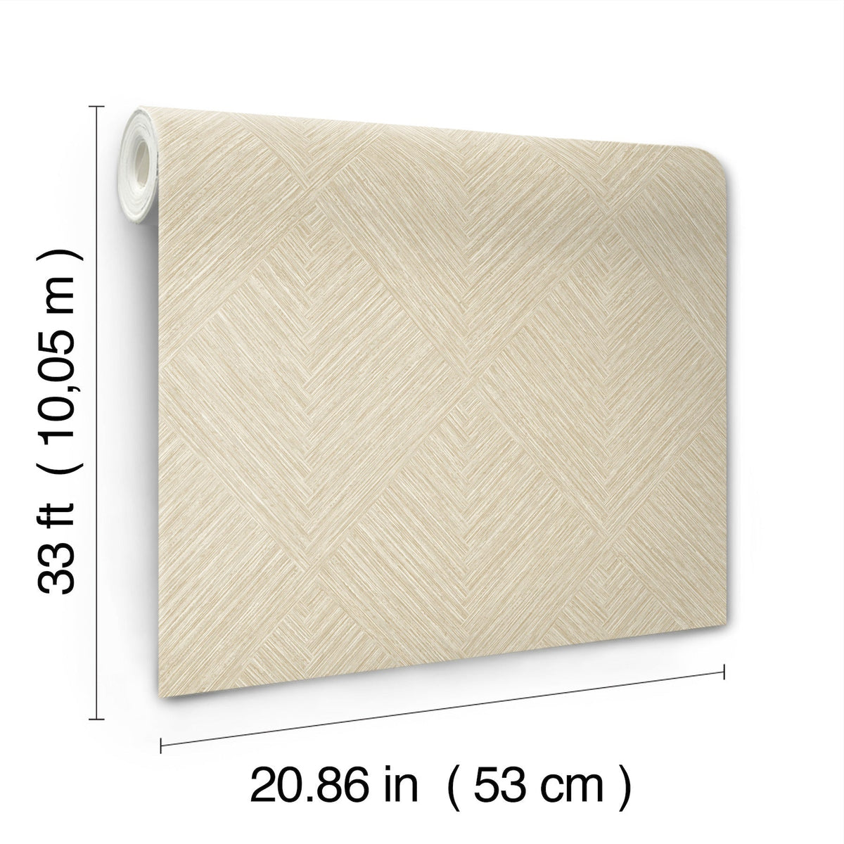 A roll of Chesapeake Hollis Textured Diamond Wallpaper by York Wallcoverings in beige, featuring a subtle geometric pattern and measuring 33 feet (10.05 m) long by 20.86 inches (53 cm) wide.