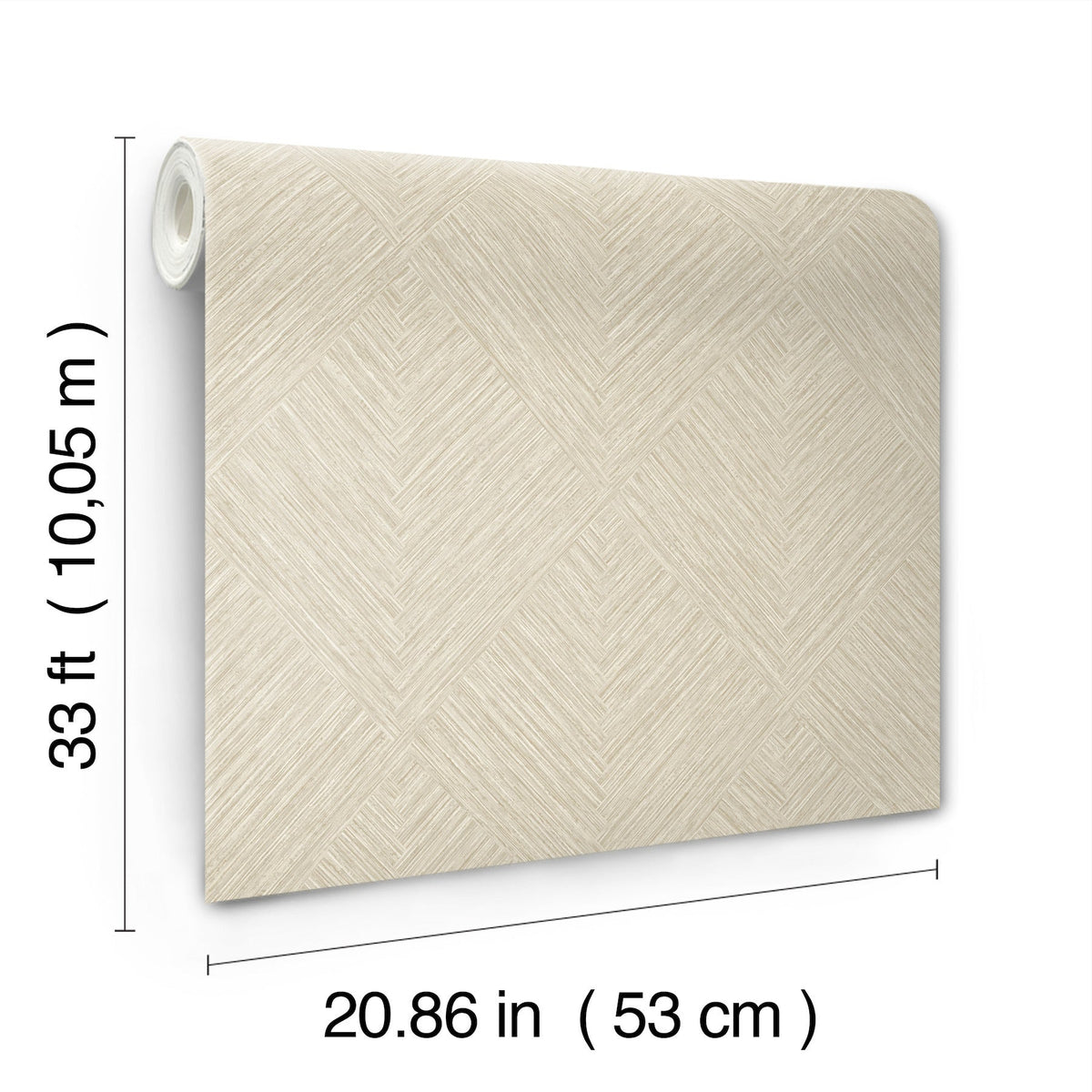 The York Wallcoverings Chesapeake Hollis Textured Diamond Wallpaper features a subtle geometric pattern in beige and comes in a roll measuring 33 ft (10.05 m) long and 20.86 in (53 cm) wide.