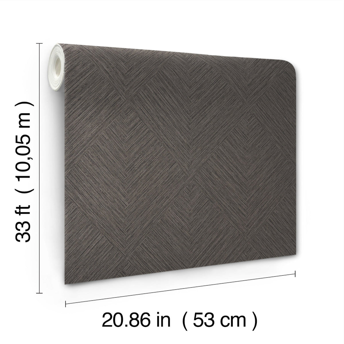 The Chesapeake Hollis Textured Diamond Wallpaper by York Wallcoverings is shown in the image, featuring a brown textured design with a chevron pattern. The roll measures 33 feet (10.05 m) in length and 20.86 inches (53 cm) in width.