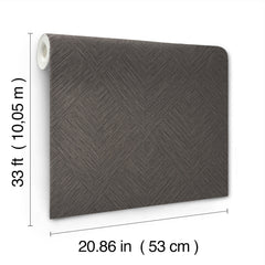 The Chesapeake Hollis Textured Diamond Wallpaper by York Wallcoverings is shown in the image, featuring a brown textured design with a chevron pattern. The roll measures 33 feet (10.05 m) in length and 20.86 inches (53 cm) in width.
