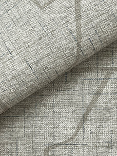 Close-up of the Lyle Abstract Geometric Wallpaper by York Wallcoverings in light gray, featuring a subtle grid pattern and visible weave with thin intersecting lines. A folded section highlights the minimalist, modern aesthetic of the design.