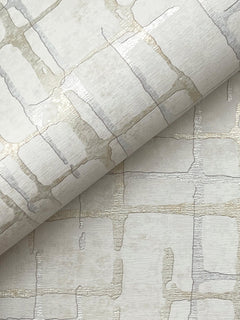 A close-up of the Rian Linear Abstract Wallpaper by York Wallcoverings, showcasing its textured surface with an abstract grid pattern in soft metallic and neutral tones, featuring overlapping lines and a subtle shine.