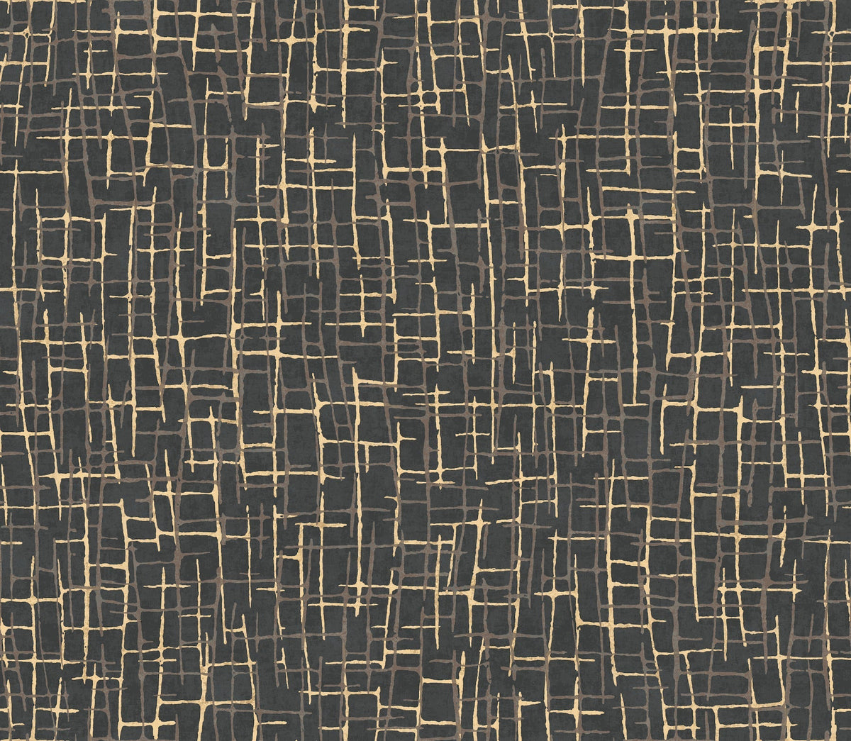 Rian Linear Abstract Wallpaper by York Wallcoverings features an abstract pattern of intersecting gold lines forming uneven rectangles and squares on a dark background, creating a grid-like, textured appearance.