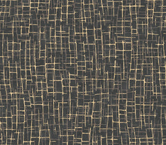 Rian Linear Abstract Wallpaper by York Wallcoverings features an abstract pattern of intersecting gold lines forming uneven rectangles and squares on a dark background, creating a grid-like, textured appearance.