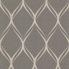 Featuring a gray background, Gustav Geometric Wallpaper by York Wallcoverings showcases a repeating pattern of large, elongated diamond shapes outlined in off-white lines, forming an interlocking lattice design.