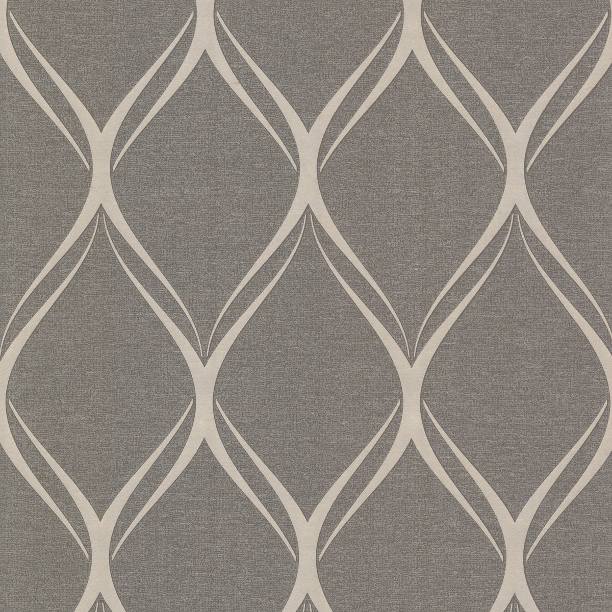 Discover the Gustav Geometric Wallpaper by York Wallcoverings, featuring interlocking beige lines that form diamond shapes across a textured gray background. The softly curving lines create an elegant, repeating lattice design for a sophisticated touch to your space.