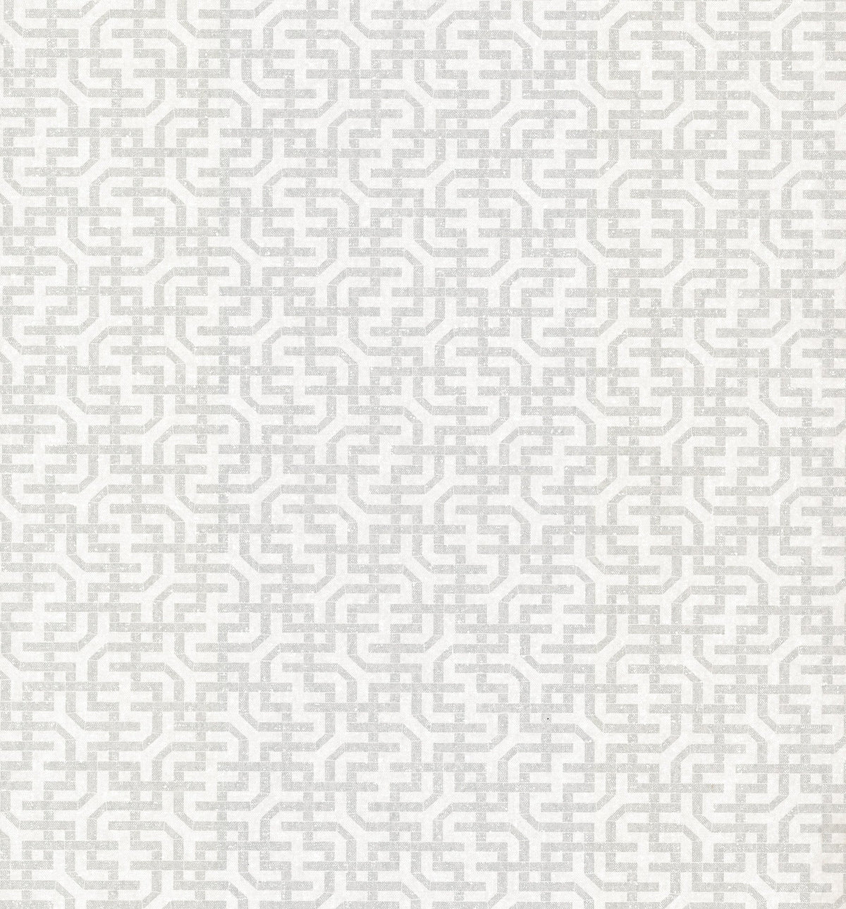 Featuring a light gray geometric maze pattern of interlocking squares and curved lines on a white background, York Wallcoverings’ Ronald Redding Dynastic Lattice Wallpaper offers a symmetrical, modern design.