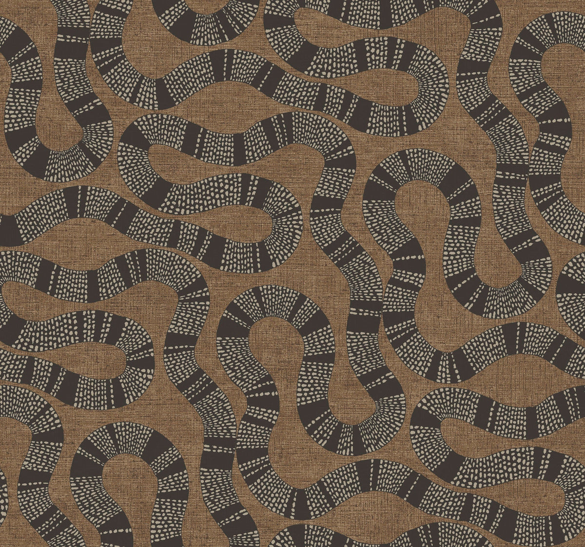 Ophidia Wallpaper by York Wallcoverings features a repeating pattern of winding, snake-like shapes with black and white segmented designs on a textured brown background, creating an abstract and organic motif.