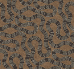 Ophidia Wallpaper by York Wallcoverings features a repeating pattern of winding, snake-like shapes with black and white segmented designs on a textured brown background, creating an abstract and organic motif.
