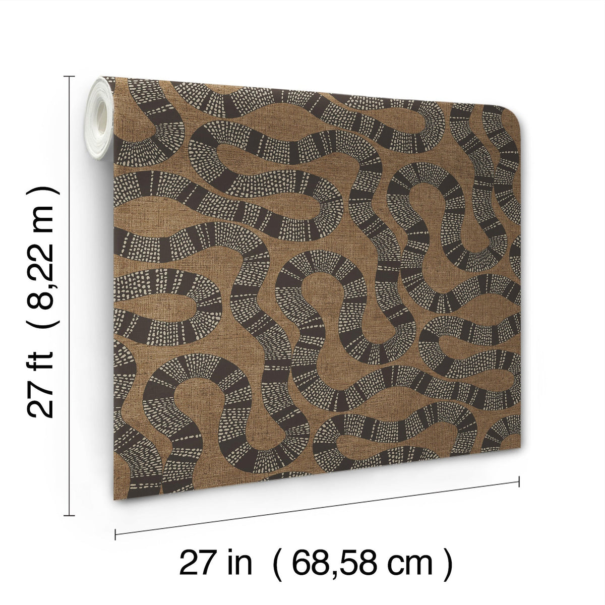 Introducing the Ophidia Wallpaper by York Wallcoverings, featuring a brown and black abstract dotted pattern. Each roll measures 27 feet (8.22 m) in height and 27 inches (68.58 cm) in width.