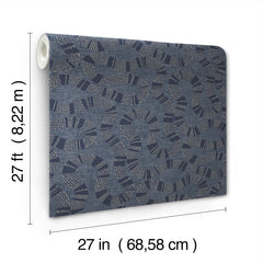 Ophidia Wallpaper by York Wallcoverings features a dark blue patterned design with light dotted accents and comes in a roll measuring 27 feet (8.22 m) long by 27 inches (68.58 cm) wide.