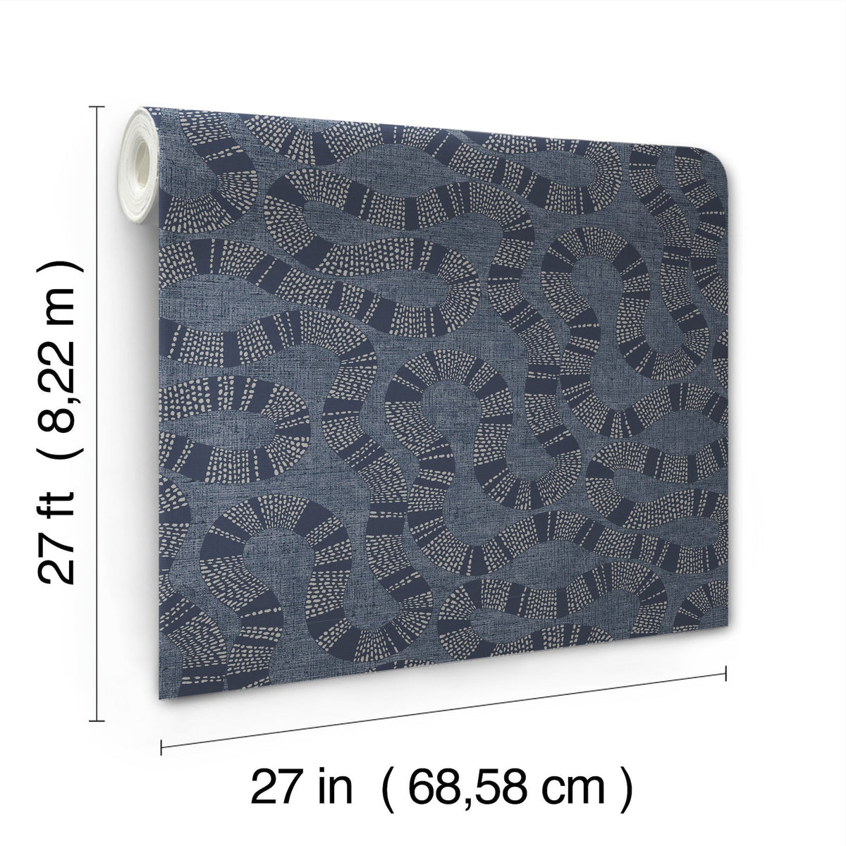 A roll of Ophidia Wallpaper by York Wallcoverings, measuring 27 feet (8.22 m) long and 27 inches (68.58 cm) wide, features an abstract dotted design on a textured dark-patterned background.