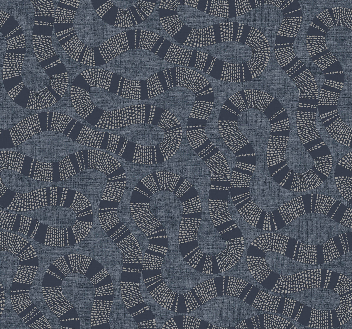 Ophidia Wallpaper by York Wallcoverings features a seamless pattern of winding, snake-like shapes in dark blue, filled with alternating dotted and solid segments on a textured blue background. The design evokes a sense of movement and complexity.