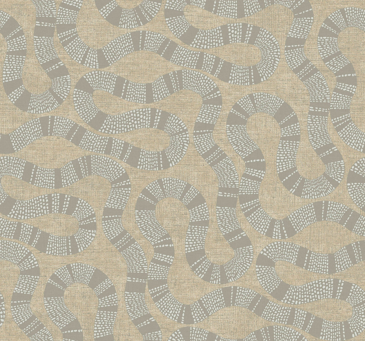 Introducing the Ophidia Wallpaper by York Wallcoverings, featuring a beige and gray abstract pattern of wavy, overlapping lines—composed of both dotted and solid segments—that create a textured, serpentine effect across the background.