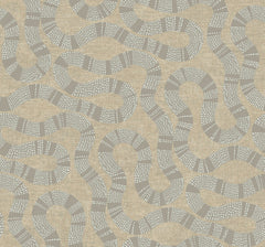 Introducing the Ophidia Wallpaper by York Wallcoverings, featuring a beige and gray abstract pattern of wavy, overlapping lines—composed of both dotted and solid segments—that create a textured, serpentine effect across the background.