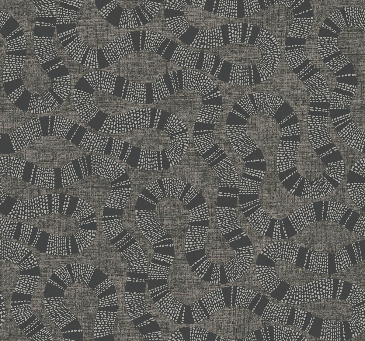 Ophidia Wallpaper by York Wallcoverings features an abstract pattern of twisting, intertwined shapes reminiscent of snakes, with dotted and striped sections in deep navy blue and white set against a textured gray background.