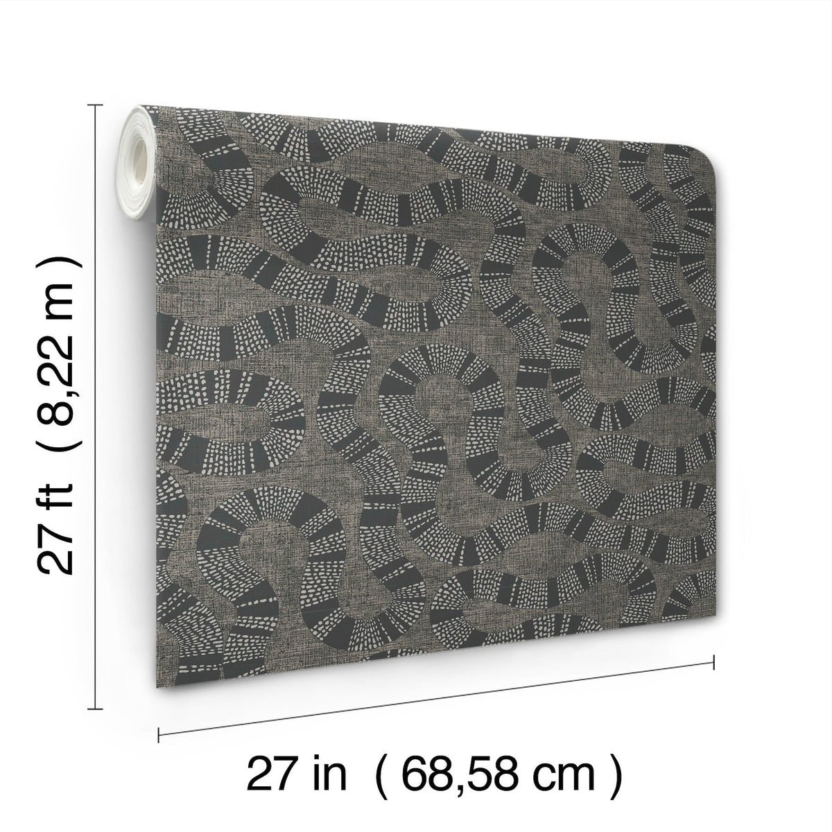 Ophidia Wallpaper by York Wallcoverings features a black, gray, and white abstract dotted pattern in a rolled format. The dimensions—27 feet (8.22 meters) in length and 27 inches (68.58 cm) in width—are displayed next to and below the roll.