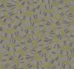 Ophidia Wallpaper by York Wallcoverings features an abstract pattern of wavy, snake-like shapes in gray with white dotted accents on a muted green textured background, repeating seamlessly across the design.